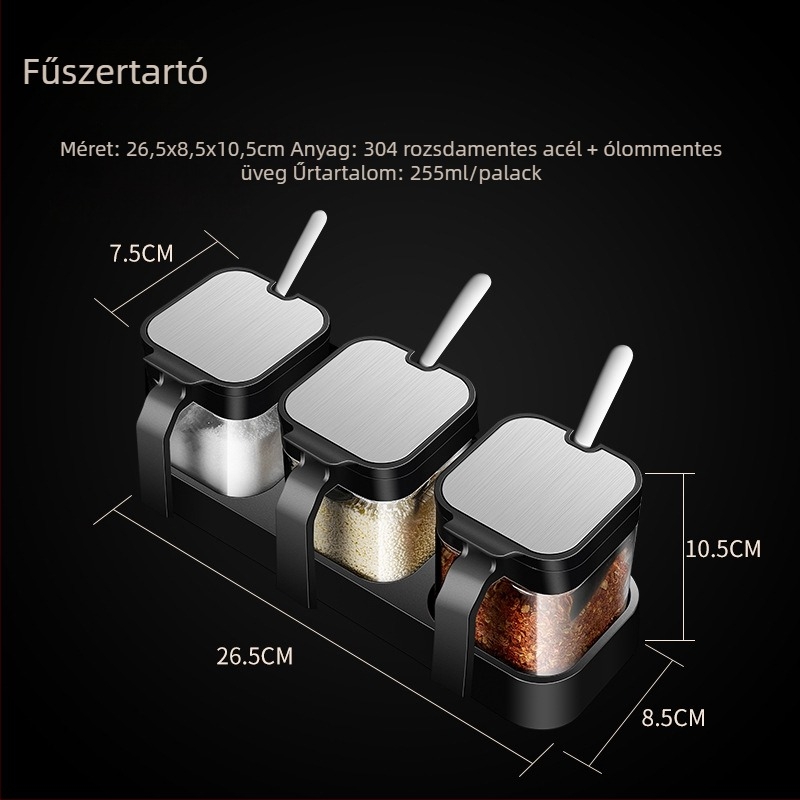 304 üveg fűszertartó készlet fogantyúval, só- és fűszertartók, kanállal, légmentesen záródó tároló