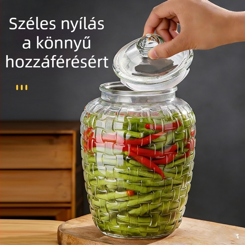 Háztartási üveg tároló, nagy méretű, modern minimalist stílus, átlátszó fonott mintázat, savanyúságos üveg, zárható üveg, tárolóüveg