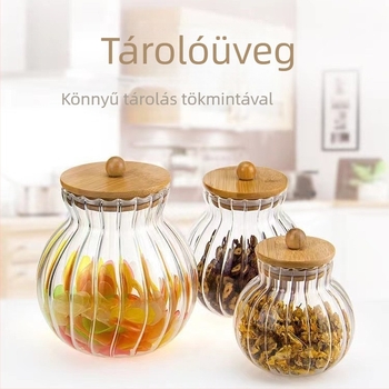 Csíkos tárolóüveg bambusz fedéllel, boroszilikát üveg, konyhai használatra, nassolnivalók, diófélék és gabonafélék