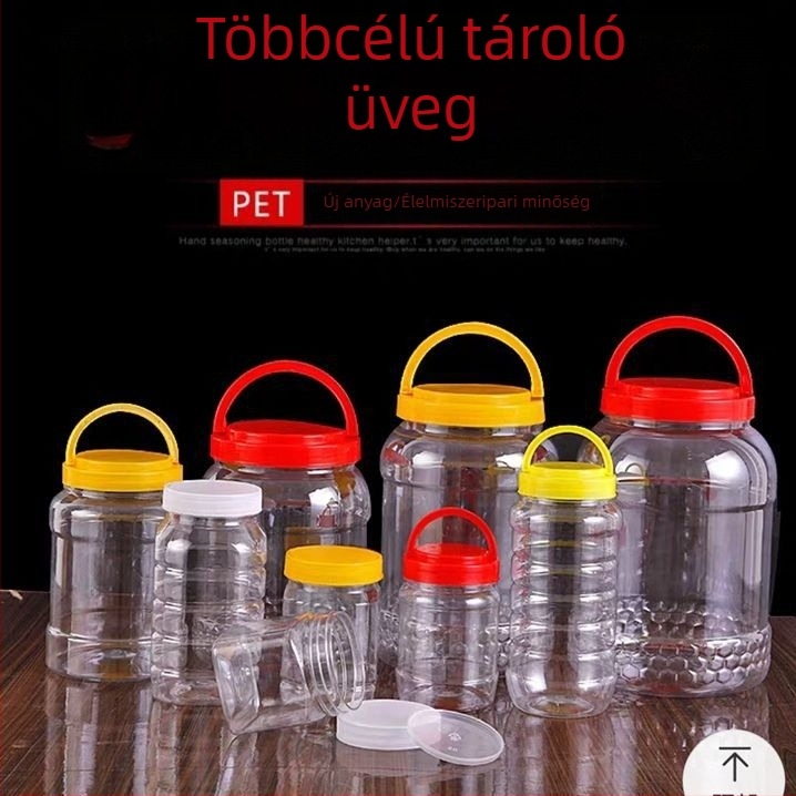 Műanyag mézesüveg lekvárhoz és szószokhoz, kerek, zárható, élelmiszer-minőségű