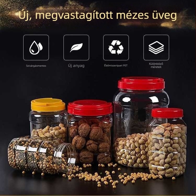 Műanyag mézesüveg lekvárhoz és szószokhoz, kerek, zárható, élelmiszer-minőségű