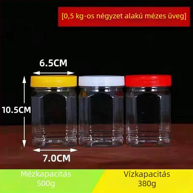 Műanyag mézesüveg lekvárhoz és szószokhoz, kerek, zárható, élelmiszer-minőségű