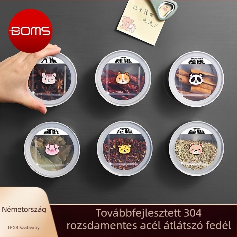 304 rozsdamentes acél fűszertartó mágneses fedéllel, osztott rekeszekkel, konyhai tárolás