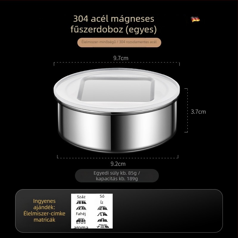 304 rozsdamentes acél fűszertartó mágneses fedéllel, osztott rekeszekkel, konyhai tárolás
