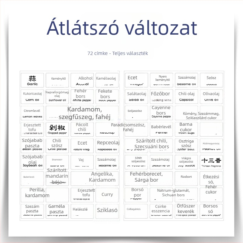 Sakura konyhai fűszercímkék – só, szósz és ecet címkék, vízálló és olajálló, ecet–szósz osztályozás, fényes fehér matricák