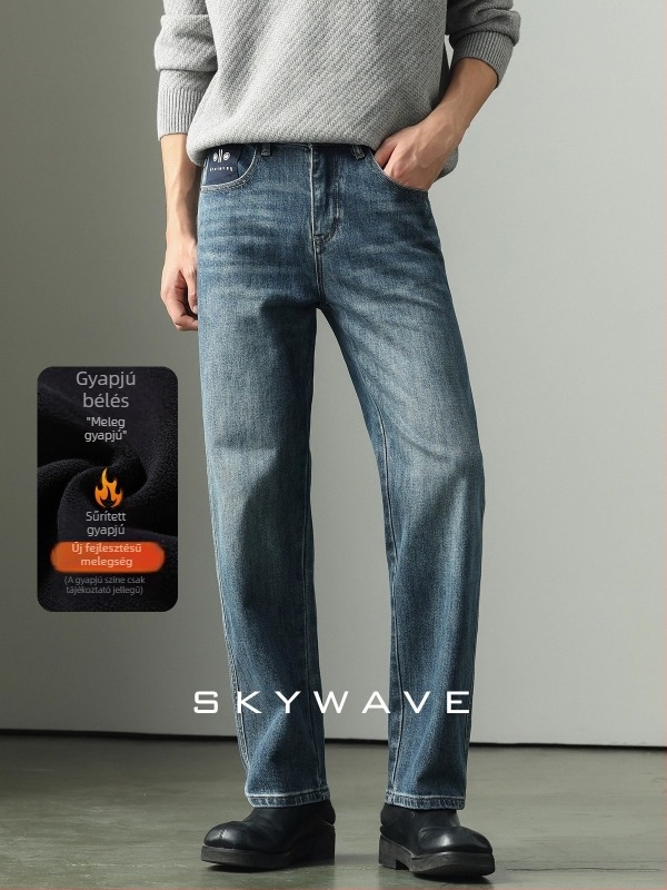 Férfi 14 oz-os farmernadrág, rugalmas, melegen bélelt, lazán egyenes szabású, őszi-téli