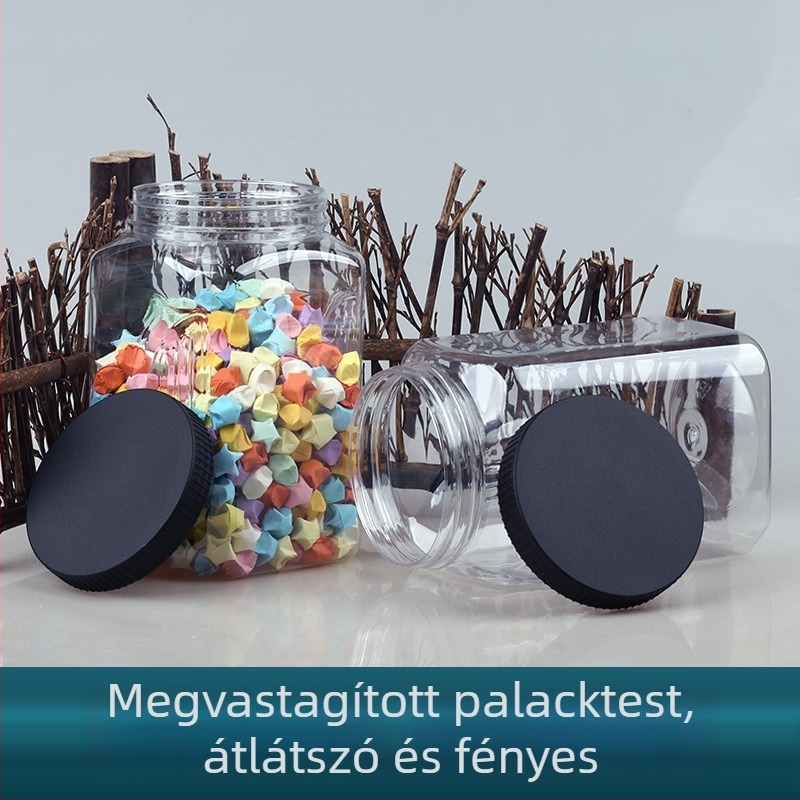 1 literes átlátszó műanyag zárható edény, széles nyílású, négyszögletes forma, élelmiszer-minőségű PET, száraz gyümölcs csomagoláshoz, új modell