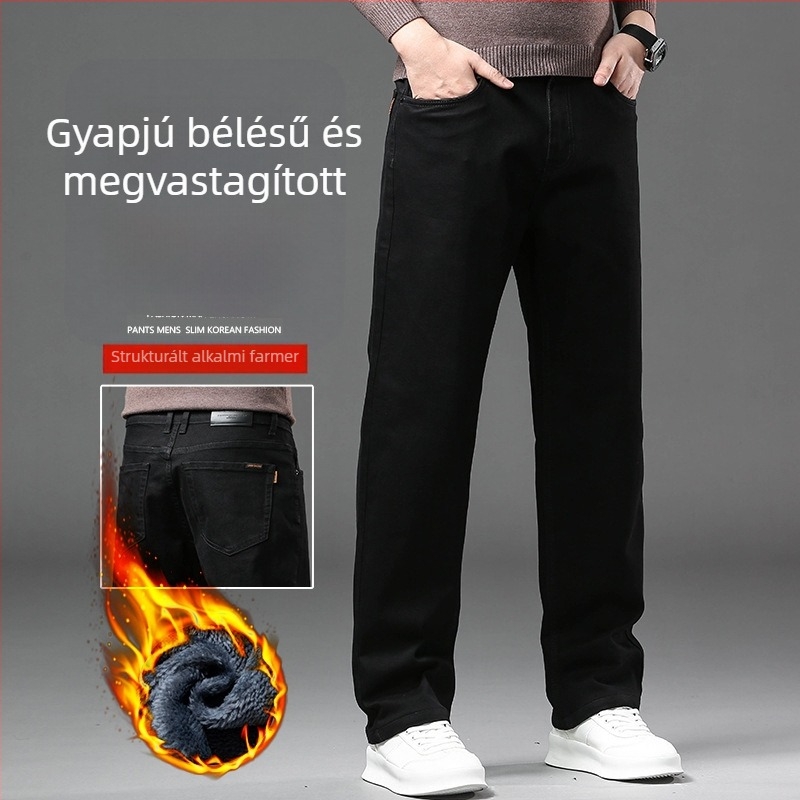 Férfi téli fleece-belelt denim farmer, mosott, egyenes szabás, laza illeszkedés, karcsúsító hatás, sokoldalú casual nadrág
