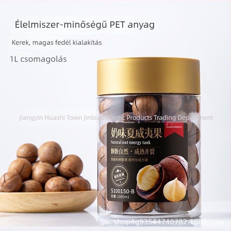 Átlátszó kerek PET tartály PP fedéllel, élelmiszeripari csomagolás diófélék és édességek számára, 1 L, 1005 ml