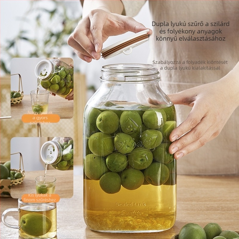 Kétfedeles zárható üvegtároló edény, hermetikusan záródó, filtráló szétválasztóval, élelmiszer-minőségű, 2,2 L