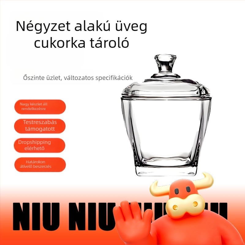 Lizun üveg cukortartó, négyszögletes édesség- és nasi tároló, zárható, konyhába, irodába vagy étterembe