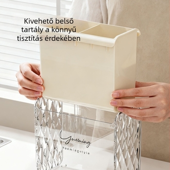 Falihoz szerelhető konyhai eszköztartó leeresztőkanállal és evőpálca kosárral