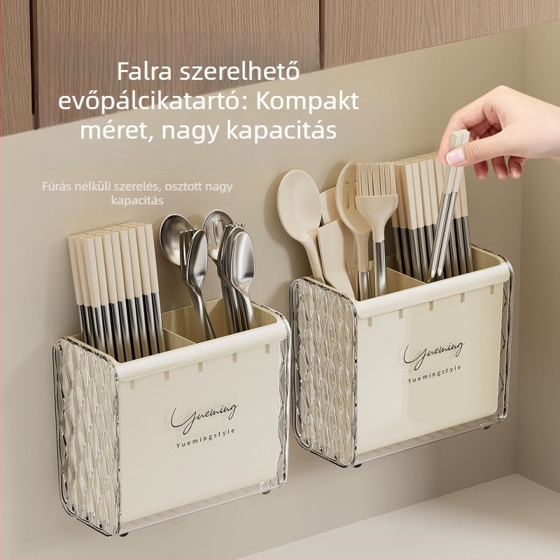 Falihoz szerelhető konyhai eszköztartó leeresztőkanállal és evőpálca kosárral