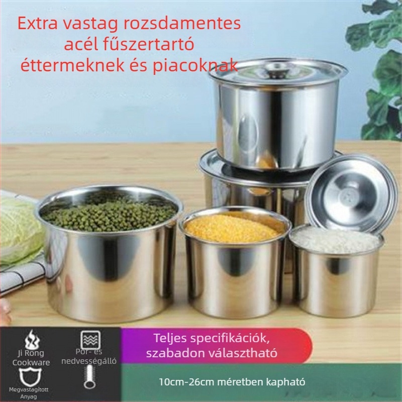 Rozsdamentes acélból készült zárt fűszertartó fedővel, kör alakú konyhai sótartó