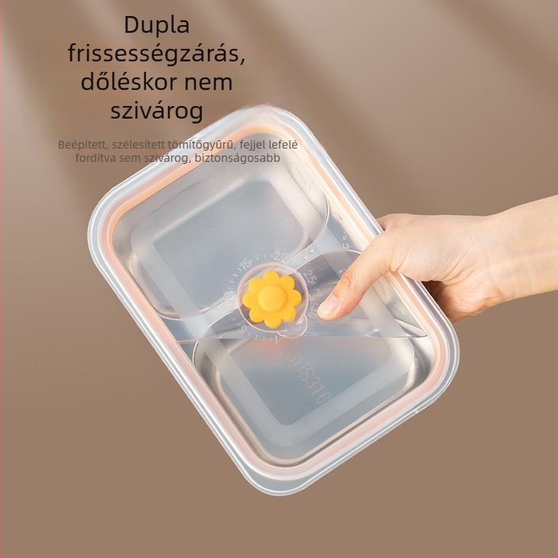 Rozsdamentes acélból készült élelmiszer-tároló doboz fedővel, ebédhez
