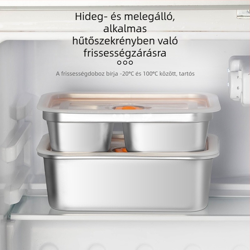 Rozsdamentes acélból készült élelmiszer-tároló doboz fedővel, ebédhez