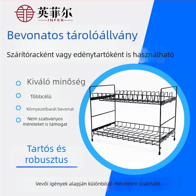 Többszintes fém edényállvány a pulton, eresztőkosárral tányérokhoz és evőeszközökhöz — modern minimalista, mozgatható