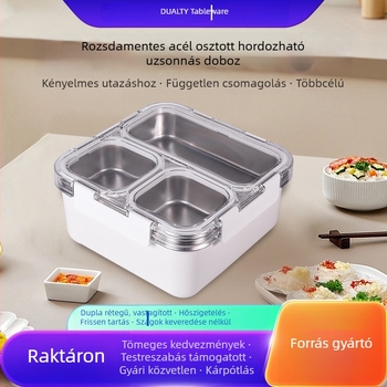 Kétszintes 304 rozsdamentes acél ebédkonténer, téglalap alakú, fedéllel, tömítő, 800-1000 ml