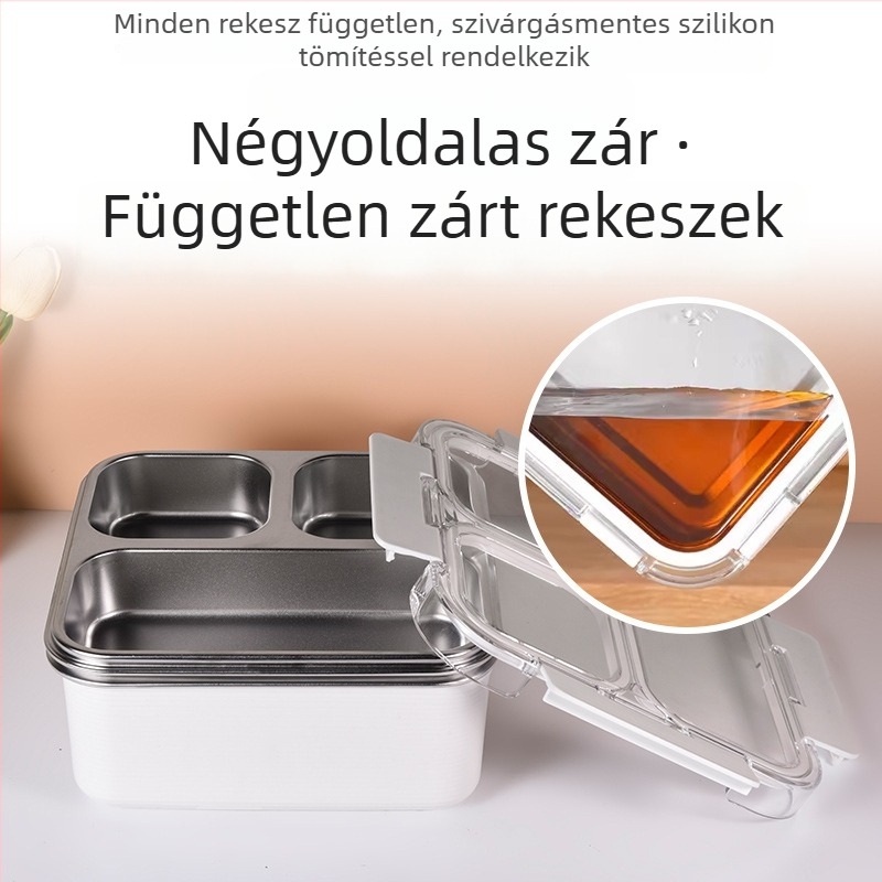 Kétszintes 304 rozsdamentes acél ebédkonténer, téglalap alakú, fedéllel, tömítő, 800-1000 ml
