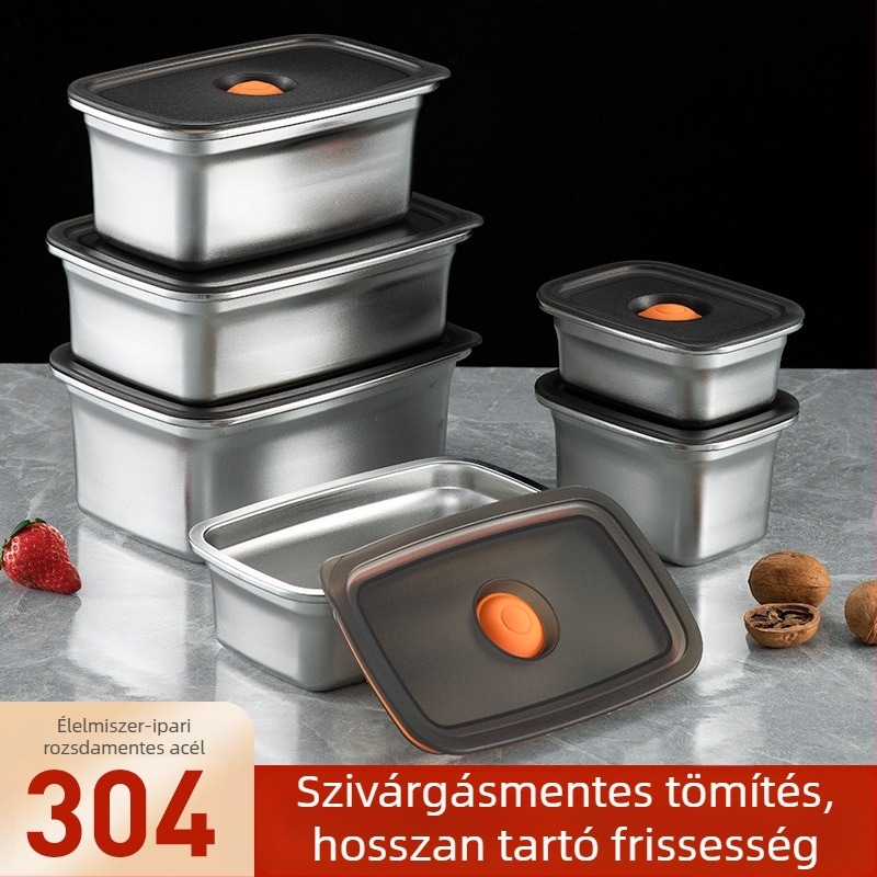 304 rozsdamentes acél élelmiszer-tároló doboz, zárható, hűtő- és mélyhűtőbarát, ebédes doboz, kapacitás 1–2 L