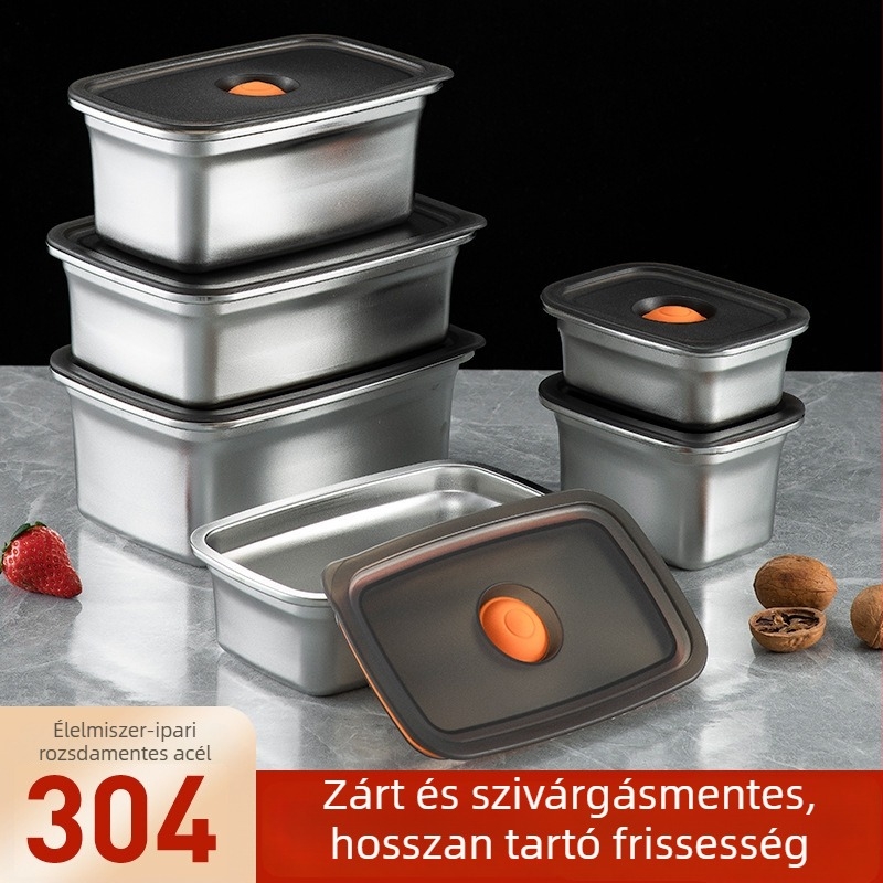 304 rozsdamentes acél élelmiszer-tároló doboz, zárható, hűtő- és mélyhűtőbarát, ebédes doboz, kapacitás 1–2 L