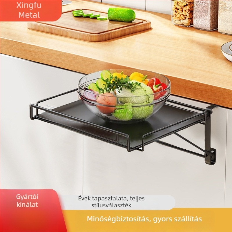 Összecsukható, függő tárolópolc szekrényajtó kiterjesztéssel és konyhai munkalappal
