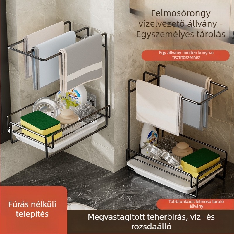 Fali konyhai szivacs- és törölközőtartó mosogató melletti lefolyó rendezővel