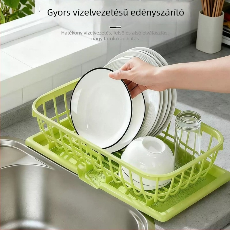 Tálak és tányérok szárító állványa, edény- és evőeszköztároló mosogatóhoz