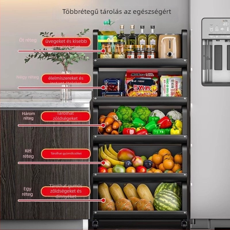 Konyhai gyümölcs- és zöldségtároló, többszintes mobil kocsi