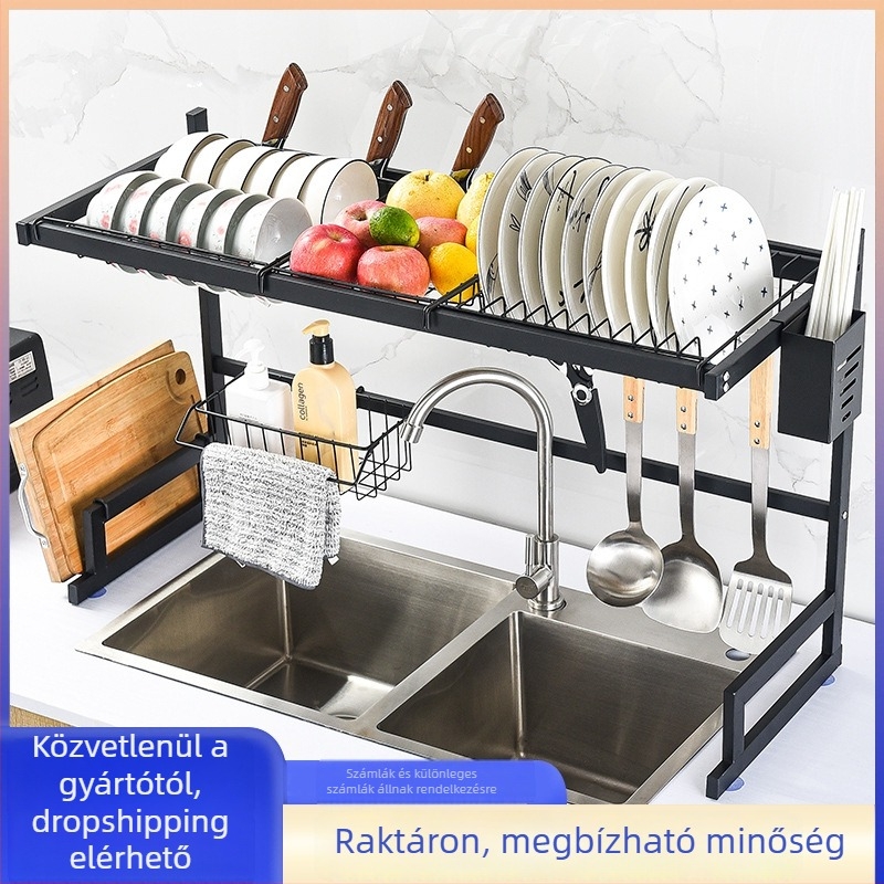 Fém konyhai edényállvány, edény- és evőeszköztároló, mosogatótároló, tálak és evőeszközök tartója, edények szárítóállványa, víztálca