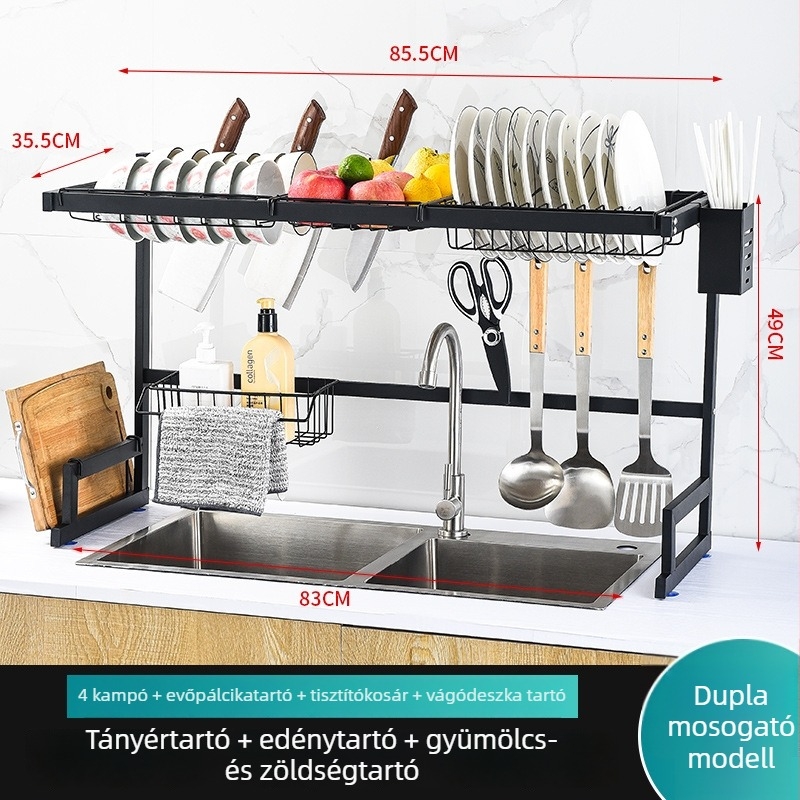 Fém konyhai edényállvány, edény- és evőeszköztároló, mosogatótároló, tálak és evőeszközök tartója, edények szárítóállványa, víztálca