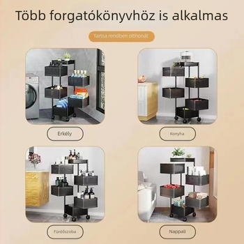Konyhai multifunkcionális forgó tároló, mozgatható, földre álló, négy szintű zöldség- és gyümölcskosár, háztartási rendező