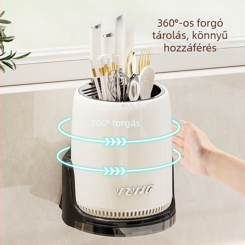 Mindennapi konyhai szervező forgó kés- és evőpálcika tartóval, pult feletti tároló
