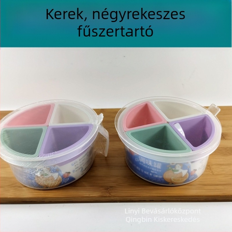 Kerek alakú négy rekeszű fűszertartó kanállal – konyhai tárolás