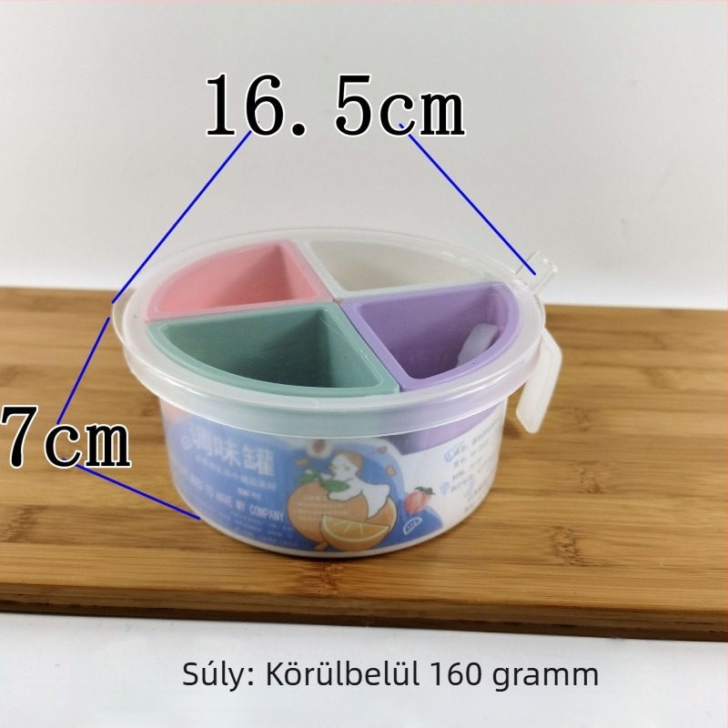 Kerek alakú négy rekeszű fűszertartó kanállal – konyhai tárolás
