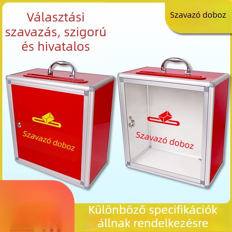 Alumíniumötvözetből készült szavazódoboz fogantyúval, hordozható, padlóálló, zárható, piros postafiók.