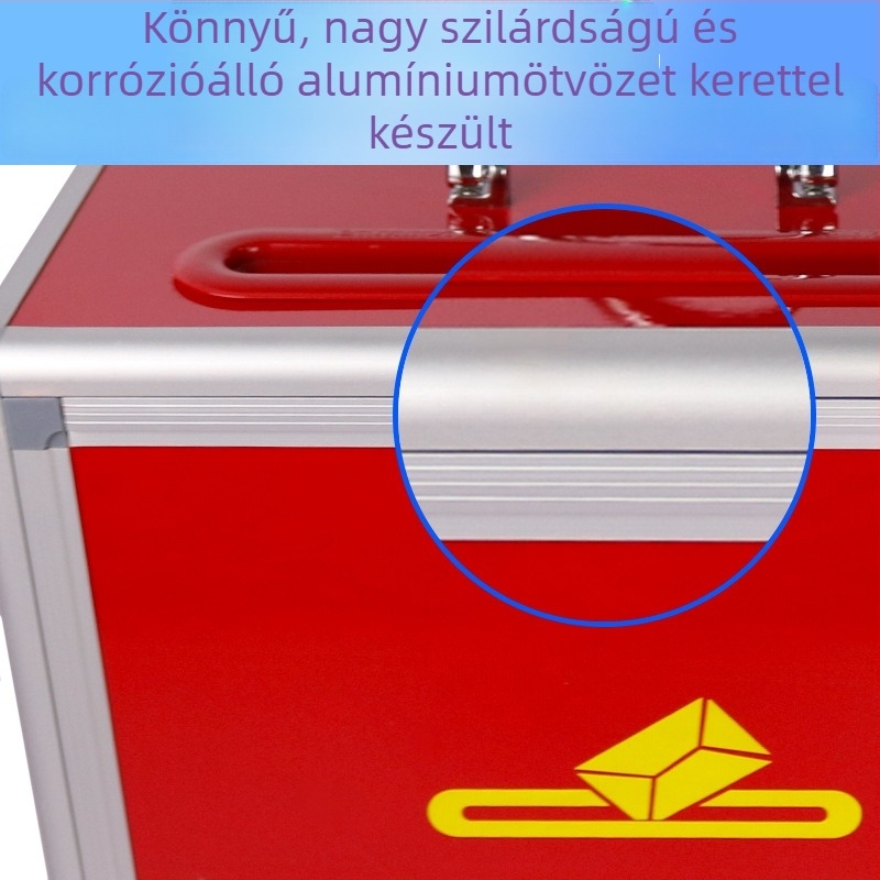 Alumíniumötvözetből készült szavazódoboz fogantyúval, hordozható, padlóálló, zárható, piros postafiók.