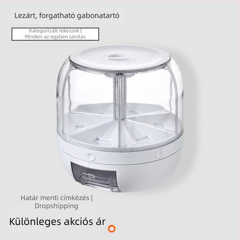 Zárható forgó gabonás tartály rekeszekkel – nedvesség- és rovarbiztos konyhai rizstároló doboz, 4.1–5 L