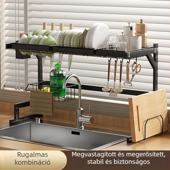 Szénacél konyhai mosogatóállvány munkalapra — edények, pálcikák, kanálok és kések rendezője lecsöpögtető funkcióval
