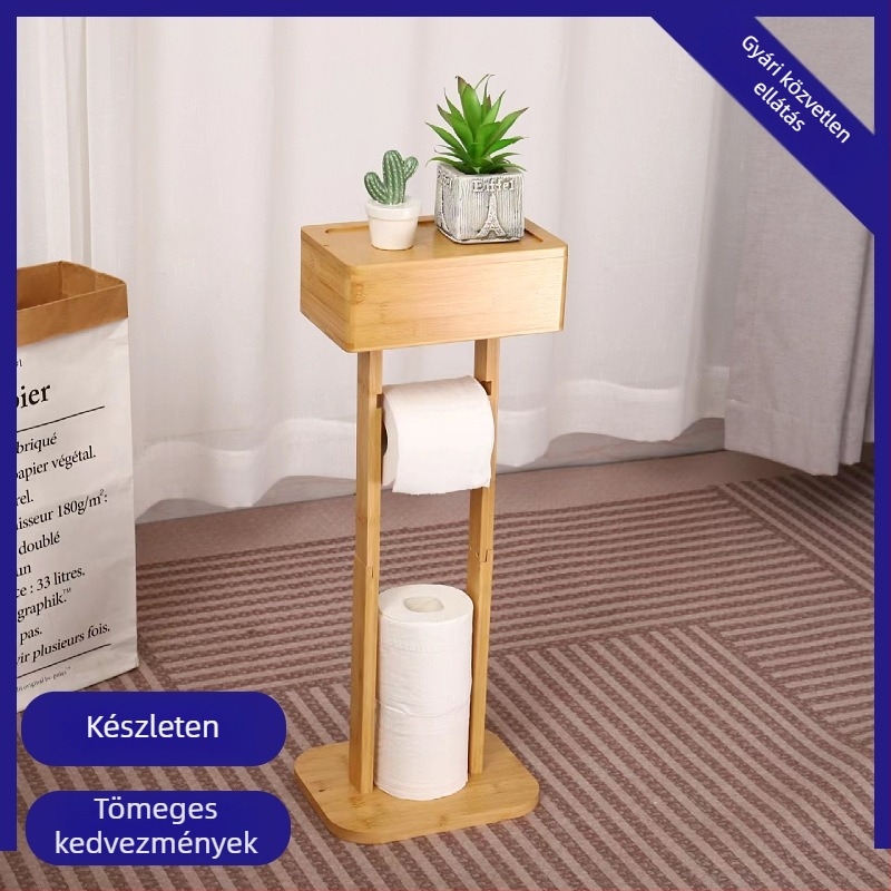 Bambusz vécépapír tartó fürdőszobába, álló kivitel, forgó, tároló polccal