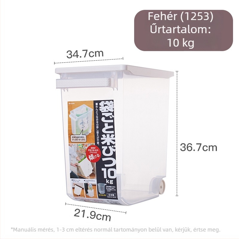 INOMATA Zárt rizstároló edény, nedvesség- és rovarbiztos, konyhai tároló, 10 kg