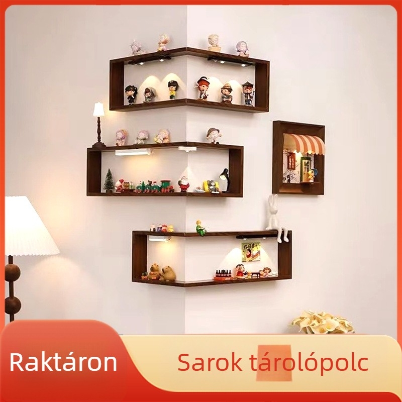 Háromszintes falra szerelhető sarokpolc tömörfából, nappaliba