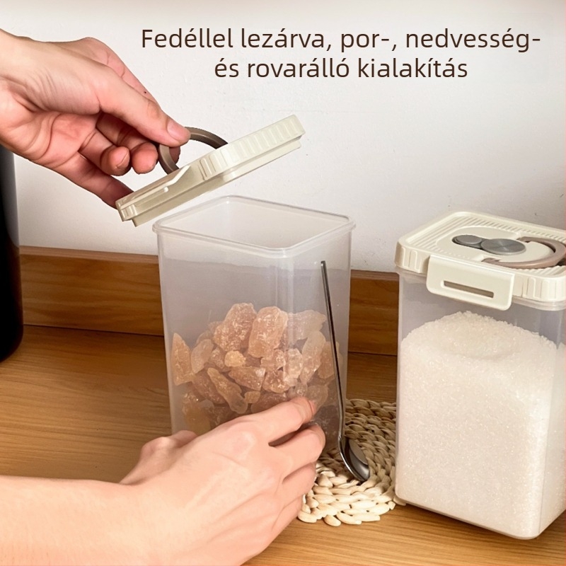 Négyzet alakú cukortartó kanállal, nedvességálló műanyag tároló fehér és kristálycukorhoz, teához és aszalt gyümölcsökhöz