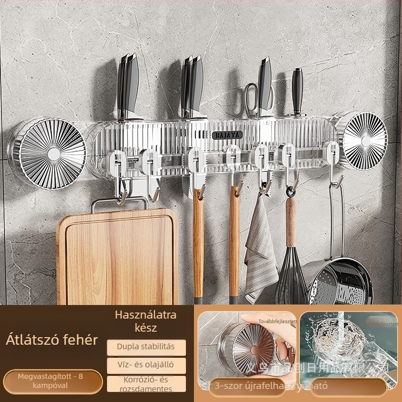 Fúrás nélküli falra szerelhető kés- és konyhai eszköz tartó, erős ragasztóval, multifunkcionális spatula- és késállvány horogokkal, 20 kg teherbírás