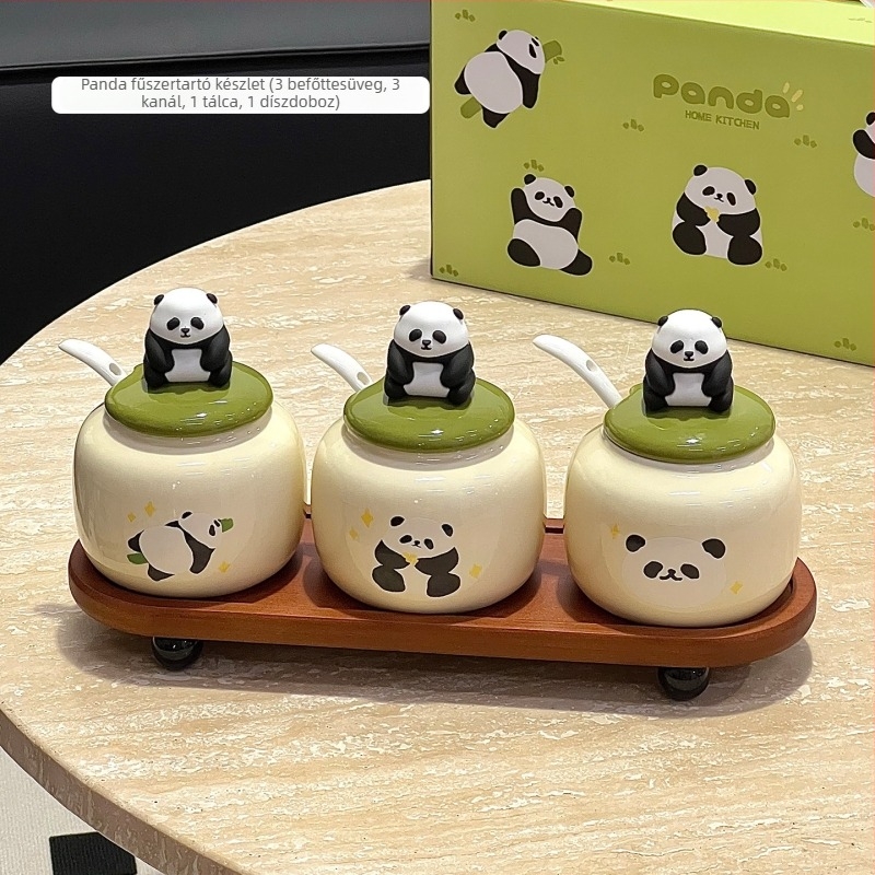 Kreatív Panda fűszertartó készlet fedővel, kerámia konyhai tárolóedények, házavató ajándék