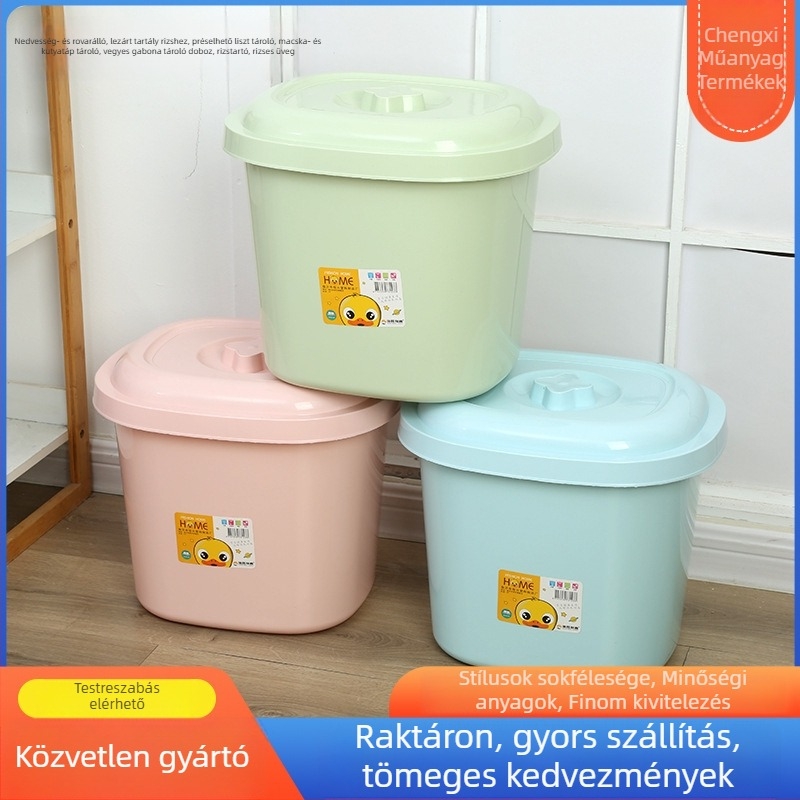 Nedvesség- és rovarbiztos zárt edény rizs és gabonák tárolására; nyomásos típusú liszt-tároló; macska- és kutyaeledel-tároló
