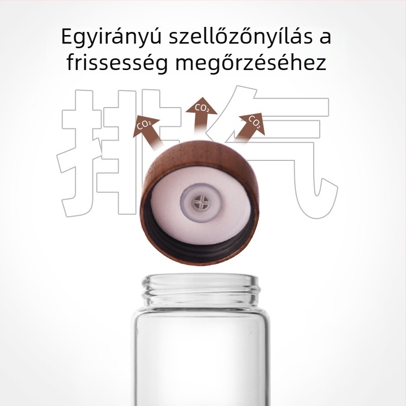 Kávébabok tárolására szolgáló üvegtartó egyirányú szellőzővel