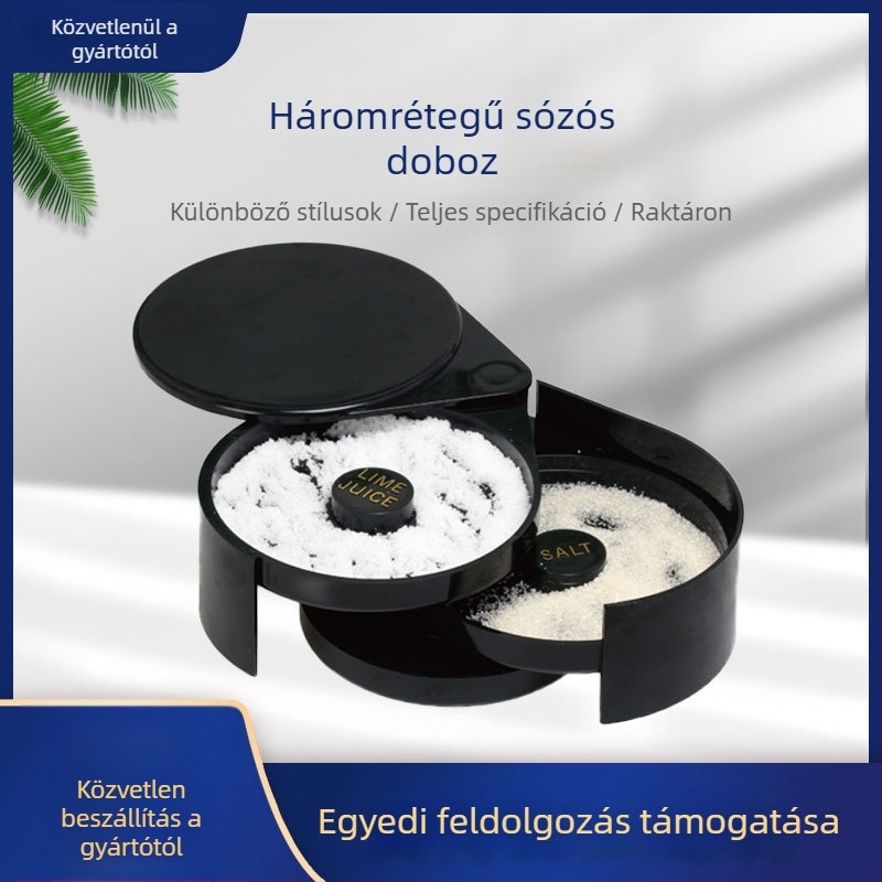 Fekete háromrekeszes bárfűszeres doboz margarita pereméhez való sókészlettel, műanyag tároló citromos sóhoz és cukorhoz