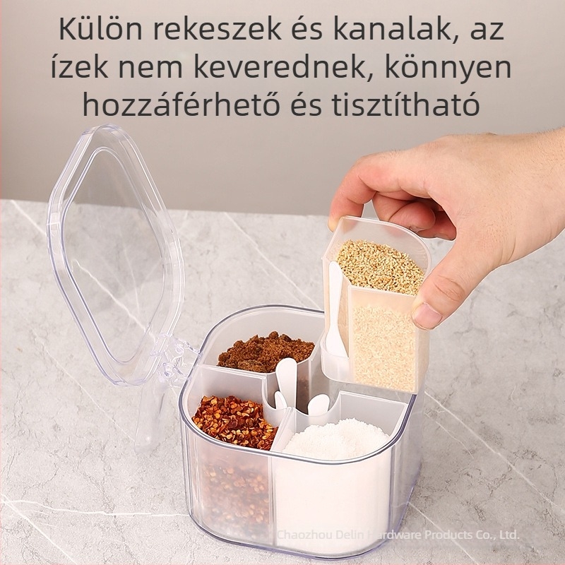 Otthoni fűszertároló doboz több rekesszel és fedéllel, levehető és mosható