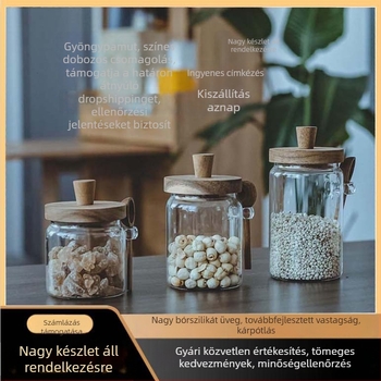 Magas boroszilikát üvegből készült üveg fa fedéllel és kanállal fűszerekhez, nedvességálló konyhai tároló